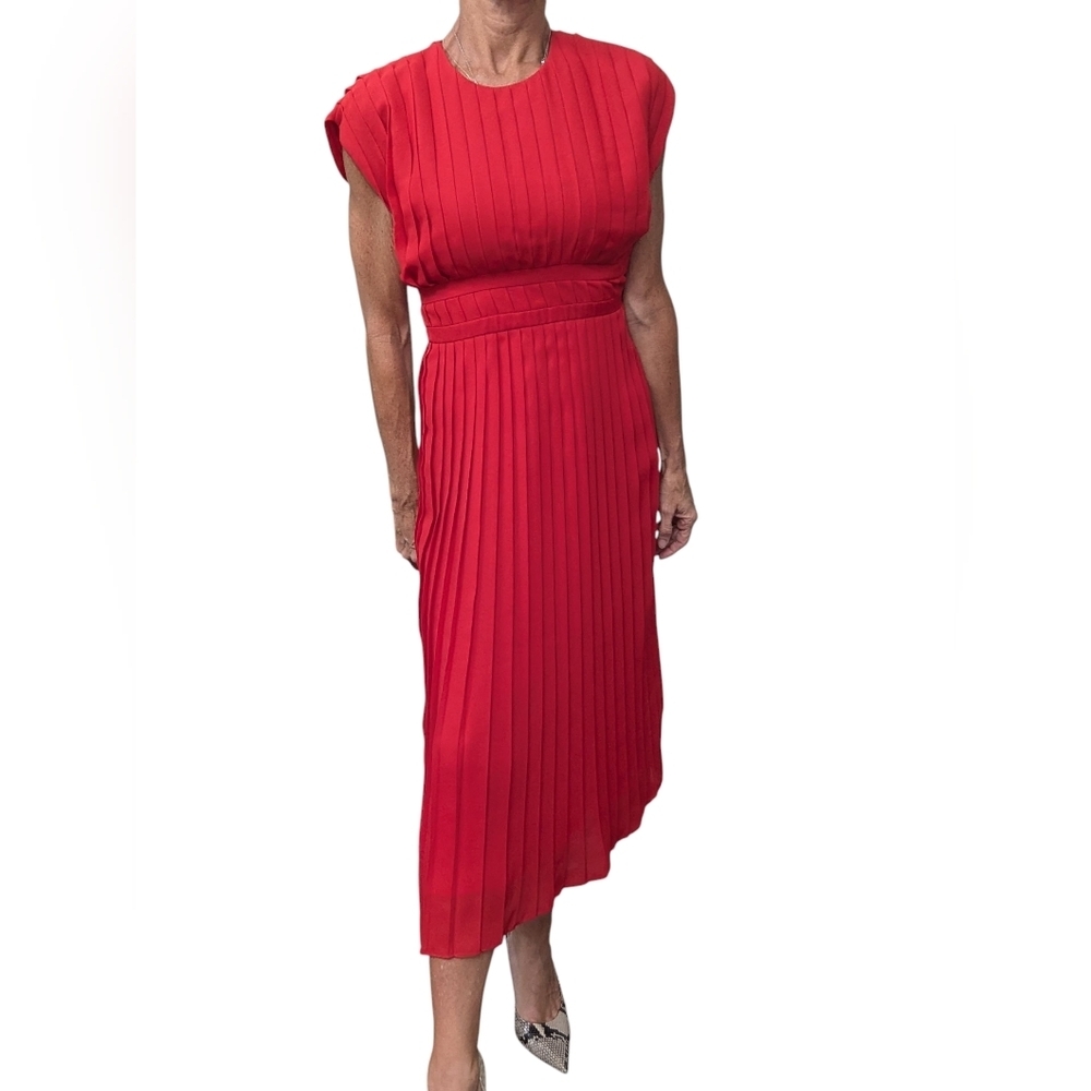 Vionnet Paris Red Pleated Midi Cocktail Dress Silk Lined Made Italy